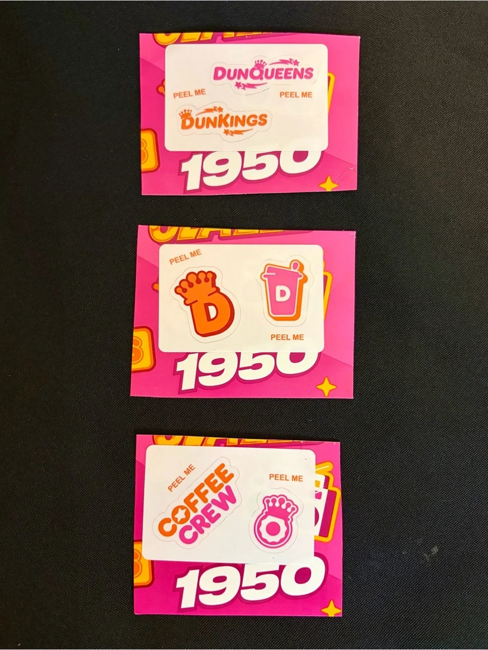 3 Dunkin' Stickers DunKings DunQueens from Meal Deal Box Peel Me